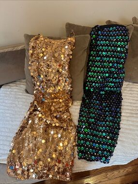 Gold Sequin Bodycon Dress & Black Iridescent Sequin Dress